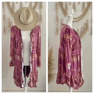 Free People custom kimono purple floral ruffle front top up-cycled size large